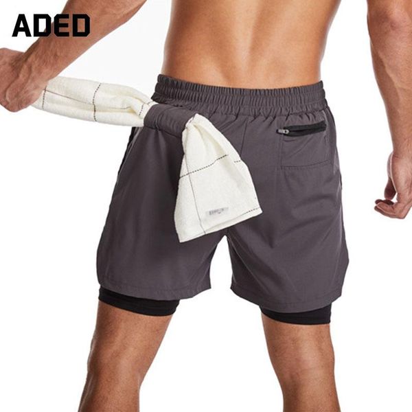 

running shorts aded men fitness gym training sports quick dry workout sport jogging double deck baseball, Black;blue
