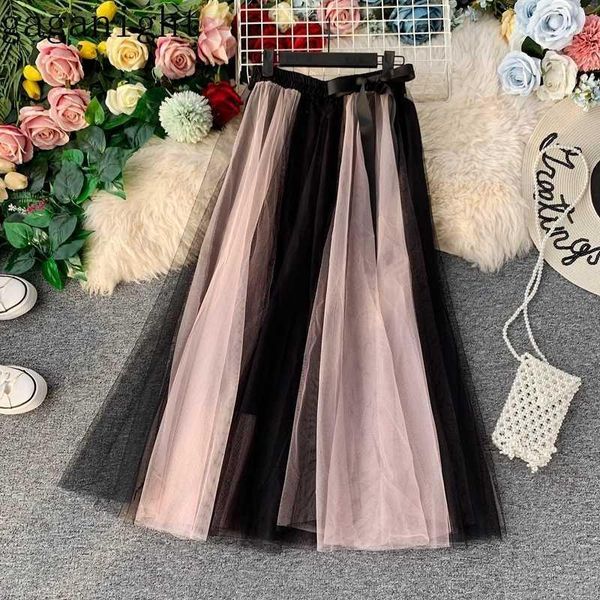 

gaganight patchwork mesh women skirt korean fashion chic midi lady skirts female elastic high waist swing faldas spring summer1, Black