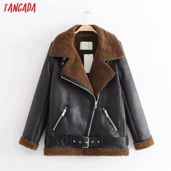 

tangada women winter fur faux leather jacket coat with belt retro turn down collar ladies 2019 thick warm oversized coat ja08 y200101, Black;brown