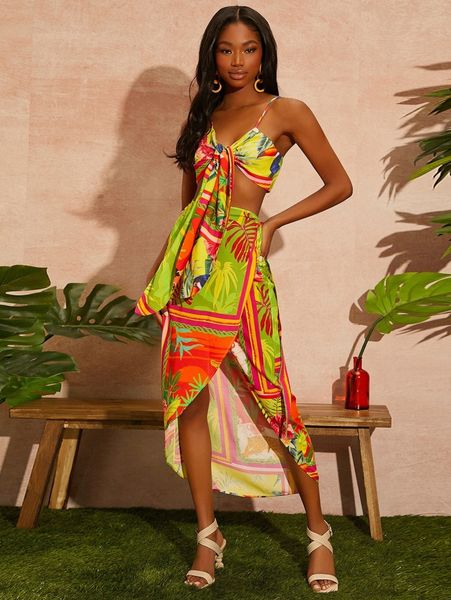 

tie front tropical print twist cami & split thigh skirt p2t2#, White