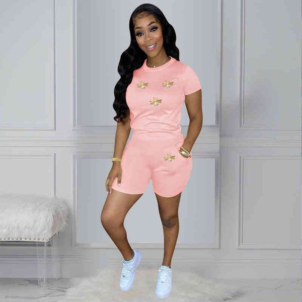 

ladies short sleeve round neck large size solid color fashion printing decoration casual two-piece set, Gray