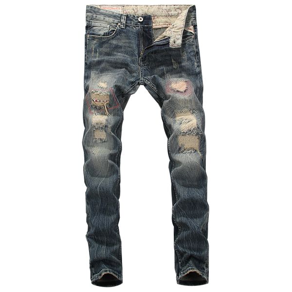 

2021 new new designer men's destroyed torn men skinny slacks streetwear biker strain jeans 0uv4, Blue