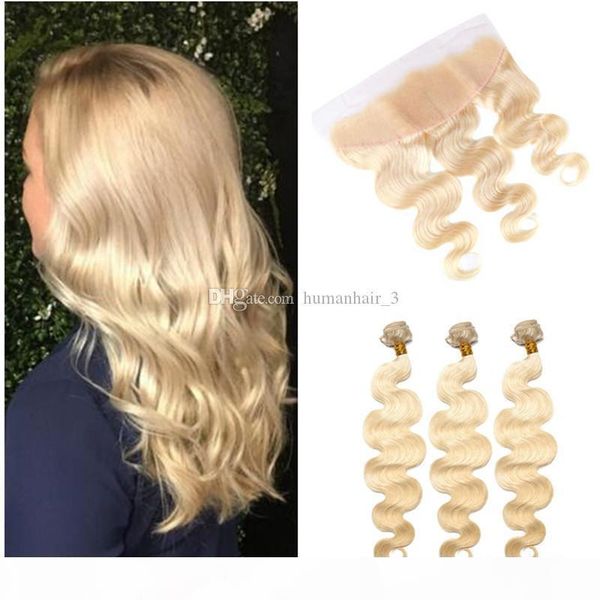 

blonde human hair with lace frontal new arrive #613 platinum blonde body wave human hair weaves with lace frontal closure 13*4 pre plucked, Black;brown