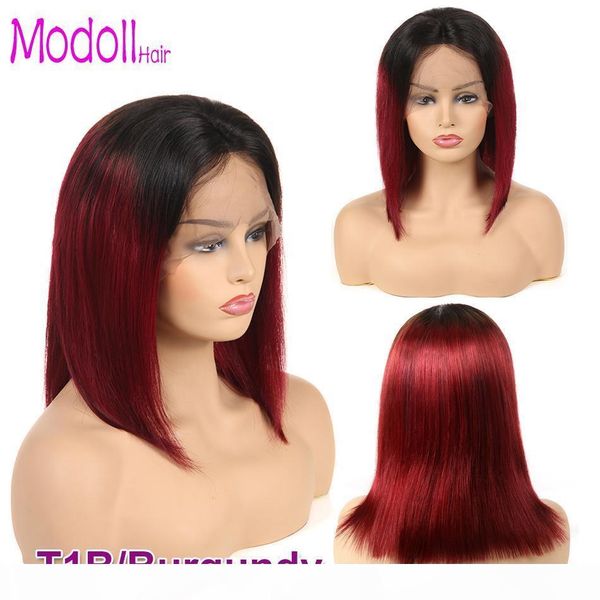 

short bob ombre wig straight lace front human hair wigs for women 150% density brazilian lace frontal blonde wig pre plucked remy black, Black;brown