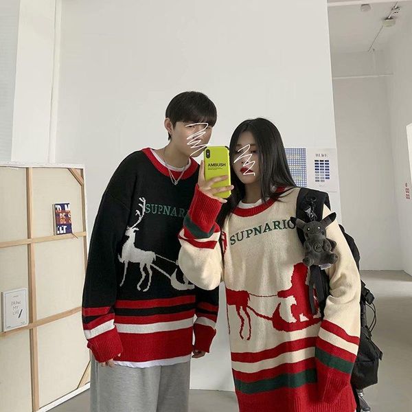 

e-baihui christmas knit sweater women man oversize pullover navidad couple women sweater autumn winter patchwork jacket, White;black