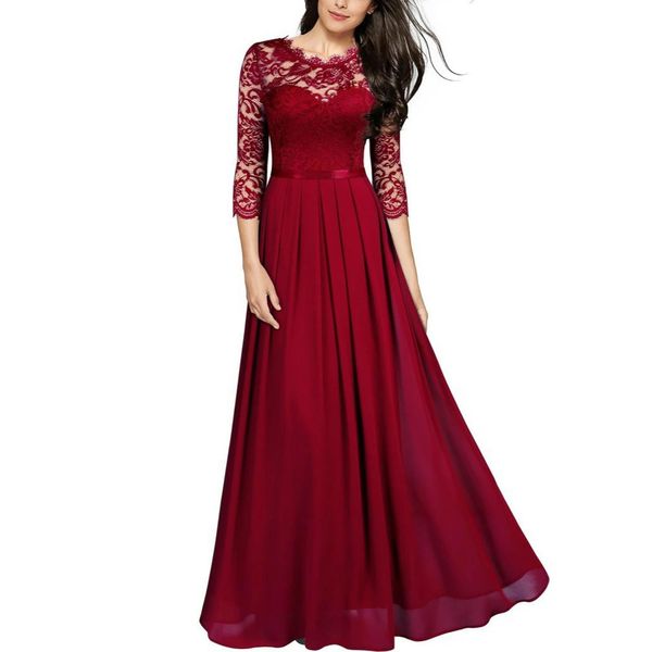 

women's vintage 3/4 sleeve floral lace hollow out chiffon long evening party dress formal maxi dresses, Black;gray