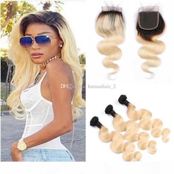 

brazilian virgin hair weaves closure with 3 bundles two tone blonde human hair weave 3pcs ombre body wave with lace closure, Black;brown