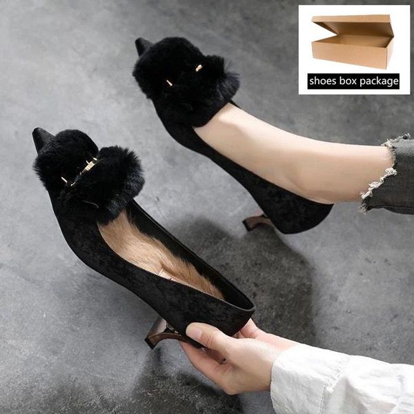 

women's winter 2021 autumn and winter pumps high heels thick heel net red plus velvet single shoes peas shoes, Black