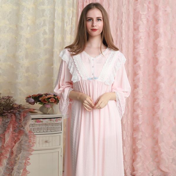 

nightgown long sleeve sleepwear cotton lace nightgown woman princess sleepwear long gown pink nightdress loose nightgowns1, Black;red