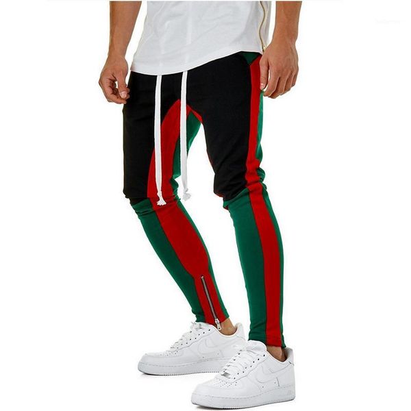 

4 colors zipped ankle track pants waist banding panelled side stripe zip pockets color contrast retro trousers joggers pants1, Black