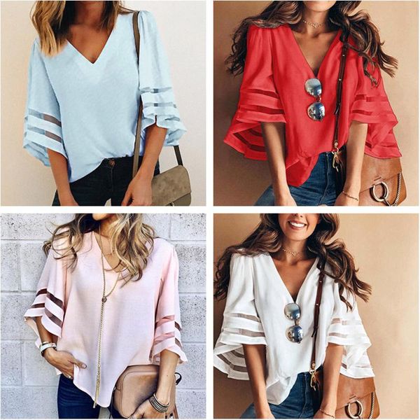 

style dress net yarn splicing chiffon blouse shirts, White