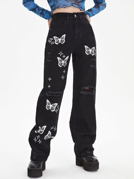 

bleach wash ripped detail butterfly jeans v3mf#, Blue