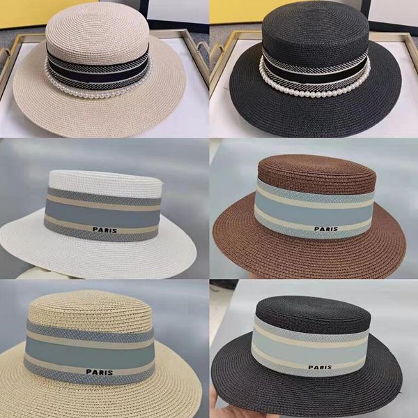 

summer man woman wide brimmed fashion travel straw hat sunscreen beach pearl garden style designer weaves stripe many colors, Blue;gray