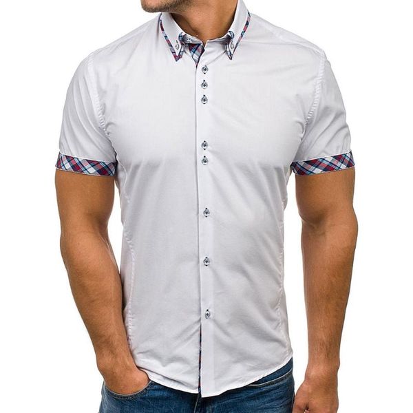 

the new summer men's shirts casual slim shirt button double collar slim patchwork short sleeved business shirt blouse, White;black