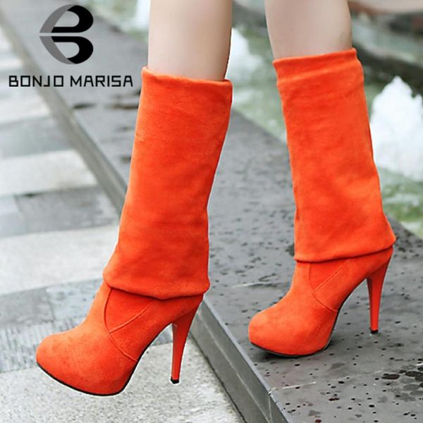 

bonjomarisa big size 43 girls round toe over the knee boots flock party casual dress boots women autumn shoes woman, Black