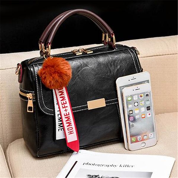 

hh new women messenger bag quality pu leather crossbody bag with hairball decoration female shoulder bag girls handbag purses 36521