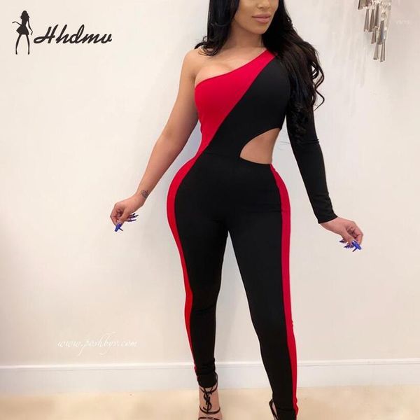 

2020 new one off shoulder hollow out jumpsuits patchwork open untidy fashion full sleeve high waist lady pencil long jumpsuits1, Black;white