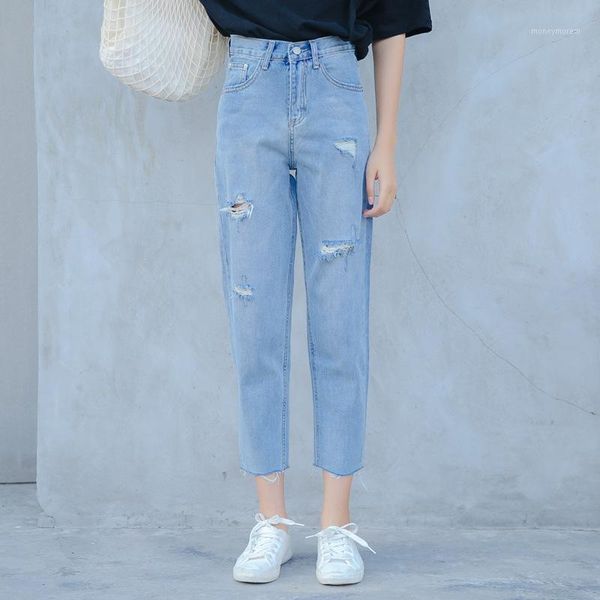 

women's jeans ripped korean womens denim preppy style straight high waist pants trousers1, Blue