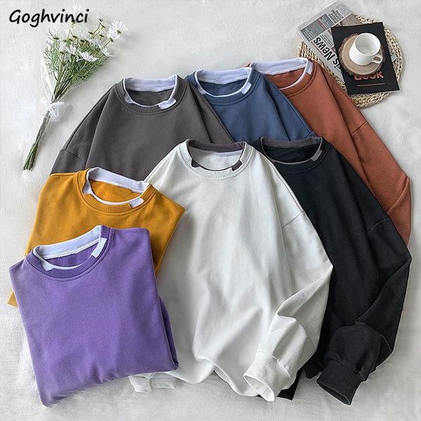 

women no hat hoodies preppy o-neck long sleeve simple solid loose patchwork sweatshirts ins fake two pieces harajuku streetwear, Black