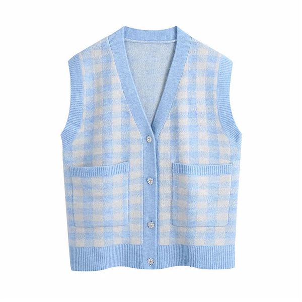 

new 2021 blue plaid sleeveless sweater women winter oversize v neck long knitted vest female pocket preppy waistcoat bes7, White;black