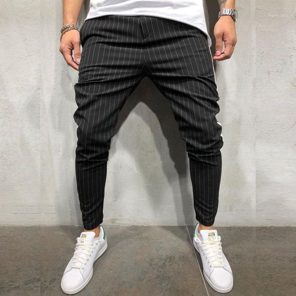 

men's pants hip hop men's ankle streetwear side stripes checkered trousers casual slim fit street fashion mens pants1, Black