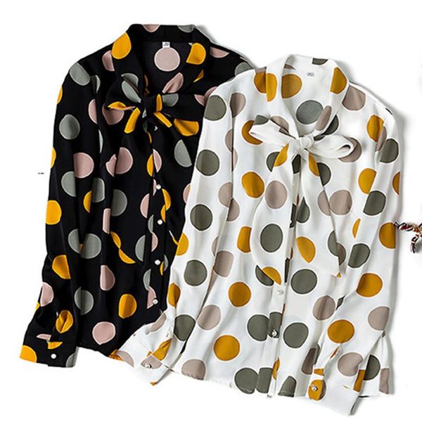 

women's blouses & shirts big polka dot chiffon shirt women long sleeve spring elegant bow tie v neck slim office ladies formal work, White