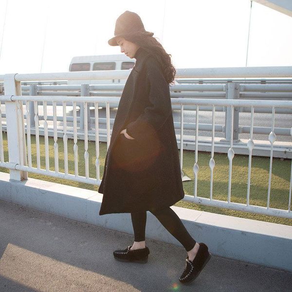 

women's wool & blends women autumn winter warm long sleeve woolen coat female turn-down collar outwear ladies casual elegant overcoat y, Black