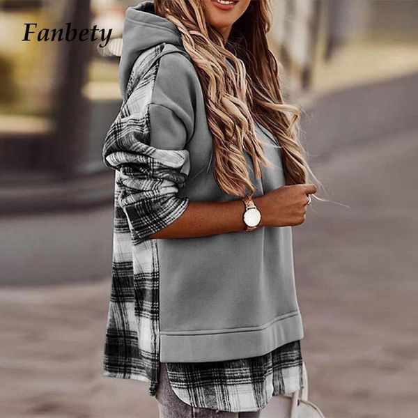 

autumn winter fashion new patchwork plaid leopard print sweatshirts women elegant long sleeves hooded casual loose hoodies, Black