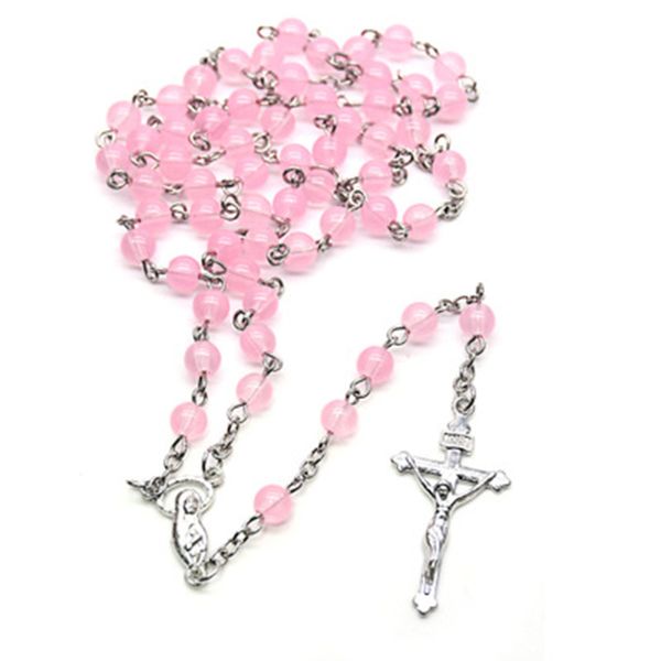 Venda quente Moda Pink Glass Bead Cross Virgem Maria Católica Igreja Católica Melhor Amigo Presente Praia Contas Colar