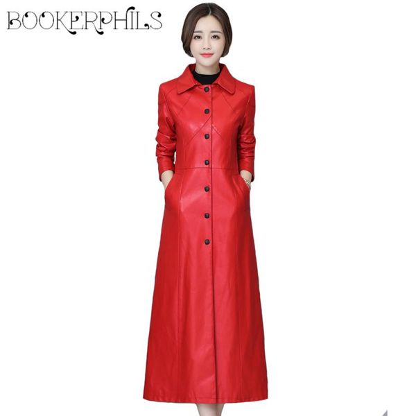 

мода x-long pu кожаная куртка женщины зимняя осень плюс размер pu кожаные пальто женские одиночные грубообразные траншиные пальтовые оружие, Black