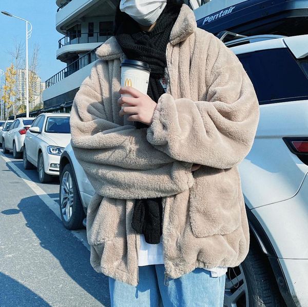 

2021 spring and winter new youth popular men's loose solid color imitation fur cotton coat fashionable casual lapel top, Black