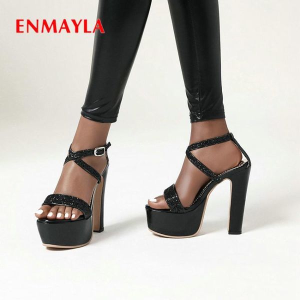 

dress shoes enmayla 2021 party sequined cloth woman basic buckle strap thin heels bling women sandals platform 34-43, Black