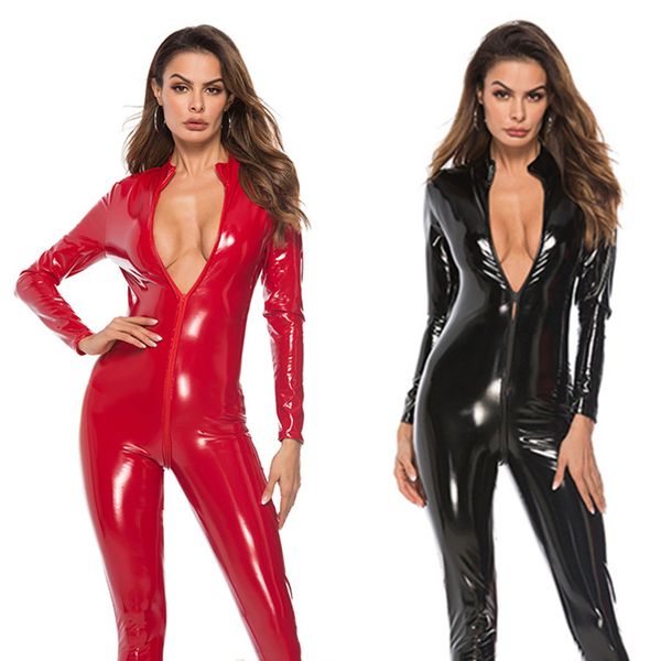 

erotic women latex lingerie playsuit lingerie zipper jumpsuit romper 2019 long sleeve night club bodysuit products, Red;black