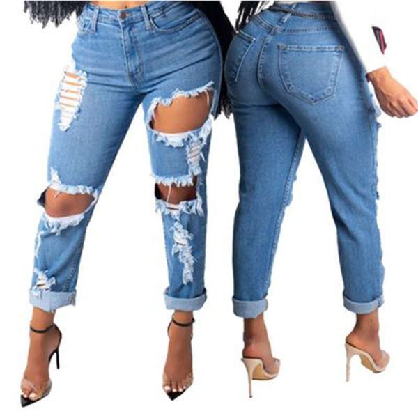 

2020 jeans women's spring fashion big hole elastic leggings, Blue