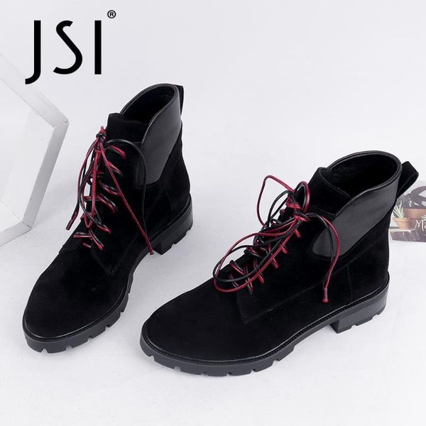 

boots jsi winter woman genuine leather lace up ankle ladies round toe low square heel short jc8341, Black