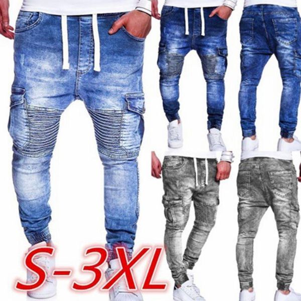 

lugentolo men jeans fall fashion simple casual multi-pocket lace pleated plus size solid mid waist pencil pants1, Blue