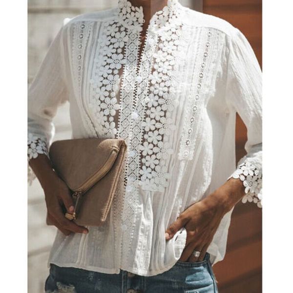 

arrival summer white lace blouse shirt elegant women plus size hollow out shirts clothes kg-113