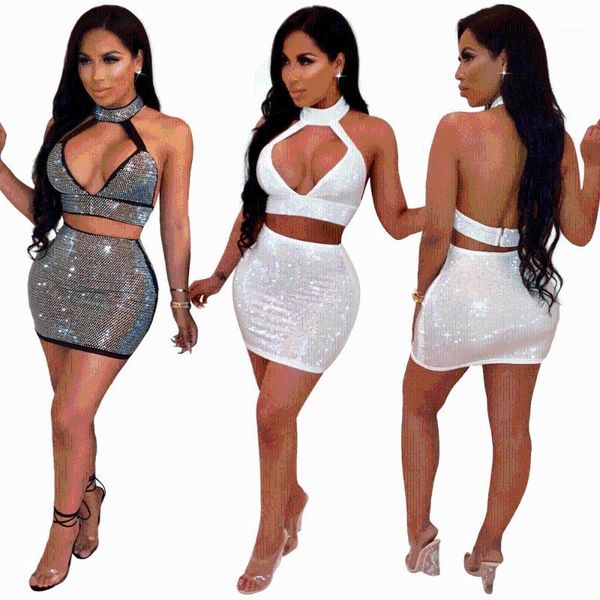 

summer two piece set diamond 2 piece set women hollow out crop and skirt matching sets backless two pieces outfits1, White