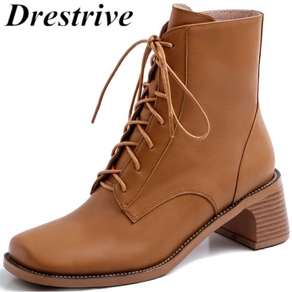 

drestrive full genuine leather women ankle boots thick heels 5.5 cm lace up spring cow leather square toe black size 33-41
