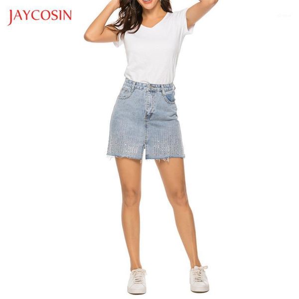 

jaycosin women high waist denim skirts cotton solid sequiend buttons pockets skirt women washed old denim open legs a line skirt1, Black