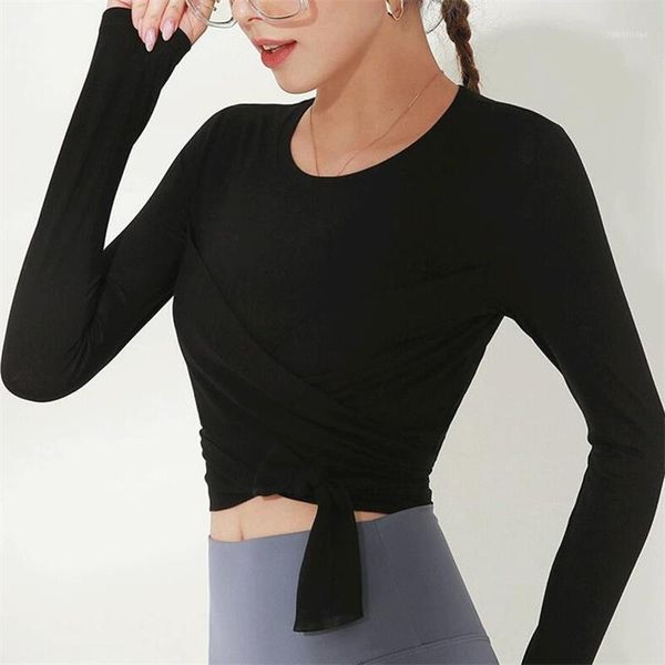

new lace knotted long sleeve workout womens solid color running quick dry breathable femme t-shirt1, White;red