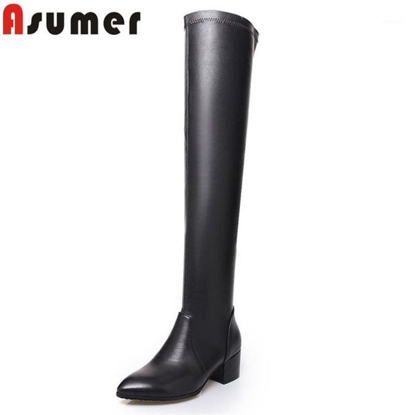 

asumer 2020 autumn boots pointed toe over the knee boots classic black thick heels pu+ genuine leather women1