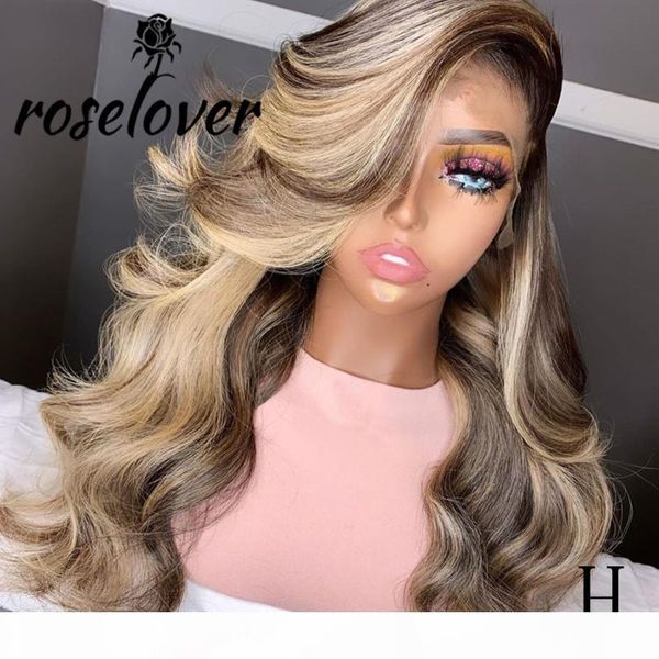 

roselover high density 13*6 deep parting lace front human hair wigs remy brazilian highlight wavy pre plucked hairline baby hair, Black;brown