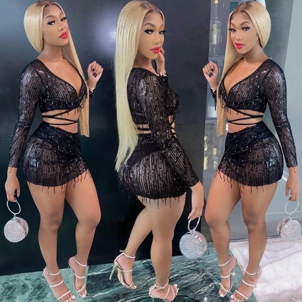 

sequined tassel 2 piece sets women outfits night club wear party lace up v neck crop and mini skirt set matching sets, Gray
