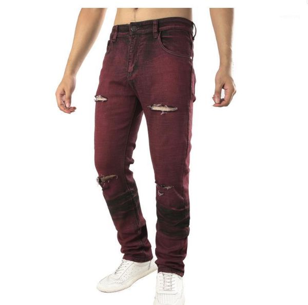 

biker men's red jeans slim holes ripped distressed stretch denim pants men hip hop trousers size 40 42 dropshipping1, Blue