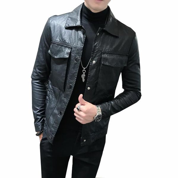 

2020 autumn self-cultivation korean handsome leather jacket men's winter trend plus velvet thick leather men's jacket, Black