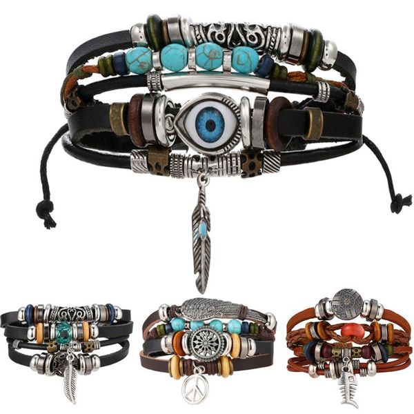 

link, chain famshin boho tibet stone feather multilayer leather bracelet eye fish charms beads bracelets for men vintage punk wrap wristband, Black