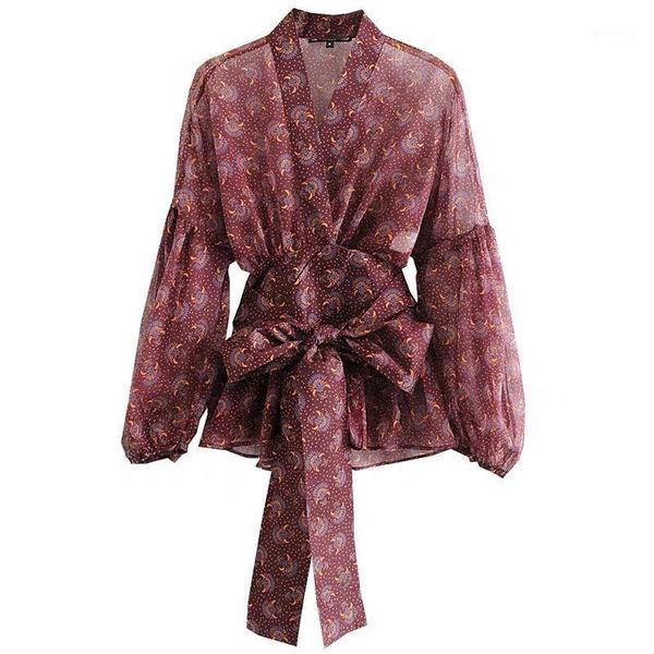 

ewq] high waist bandage lace up v-neck chiffon blouse flower printed chic elegant work shirt women blusas shirt blouse1, White