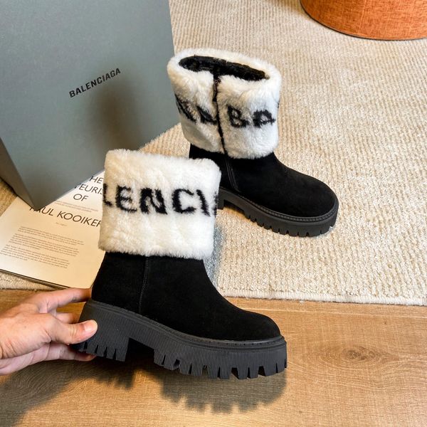 

дизайнерские женские ботинки роскошные черные белые буквы узор замшевой боковой молнии с пуховым плоским каблуком высокого качества с коробк, Black