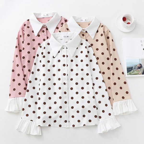

dots shirts women blouse chiffon preppy style turn down polka collar long ruffles flare sleeve fashion chic design clothes1, White